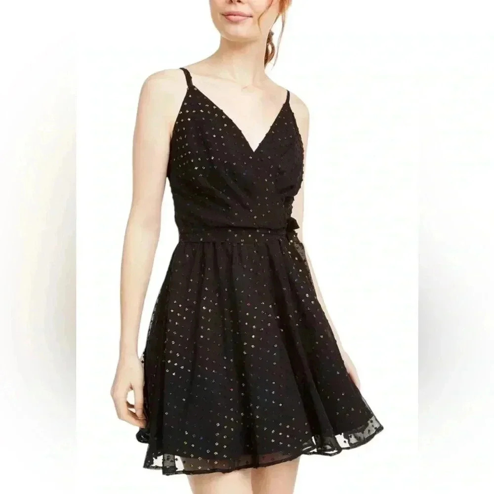Black Low Back Polka Dot Spaghetti Strap V Neck Micro Mini Evening Size 7 - Picture 1 of 8
